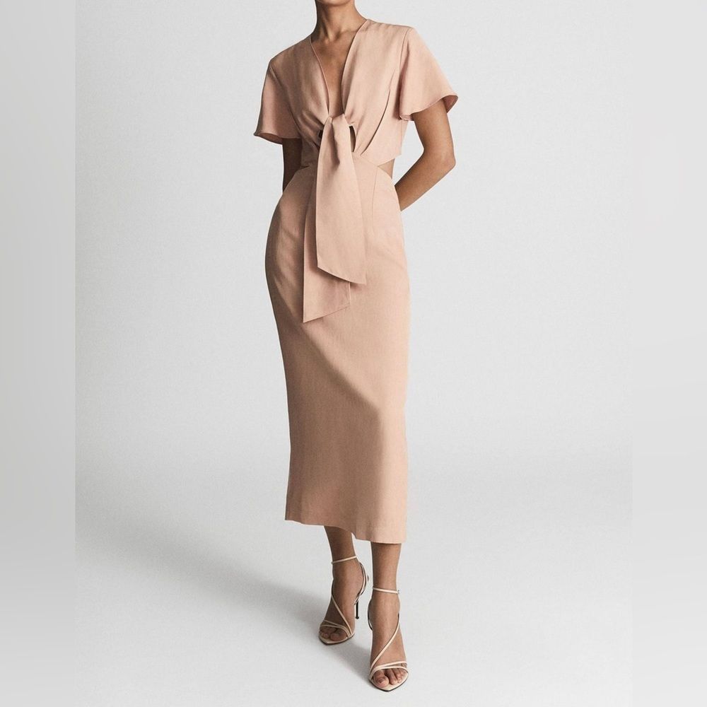 NEW REISS BLUSH IONA REGULAR TIE WAIST BODYCON MIDI DRESS